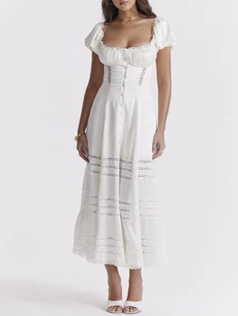 Женское Длинное платье, Элегантное Платье с коротким рукавом и квадратным вырезом, Прозрачное Платье-качели в стиле пэчворк, Летнее платье
